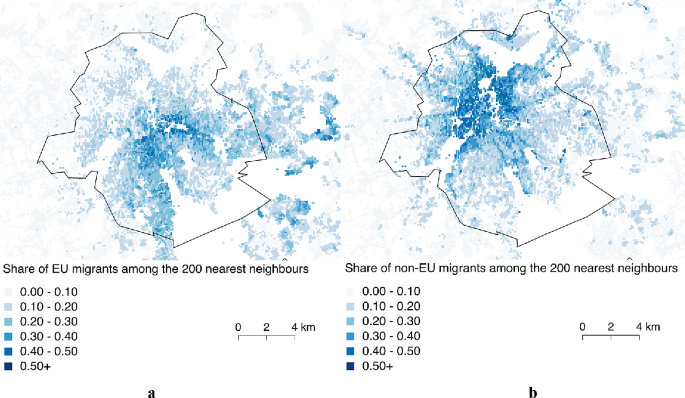 2 maps of Brussels represent the distribution of migrants. It can be observed that the proportion of non-European migrants is greater than that of European migrants.