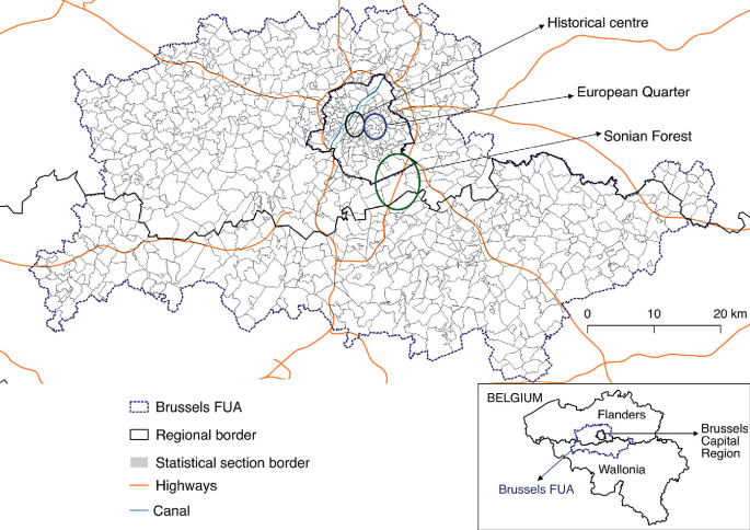A map of Brussels represents the distribution of functional urban areas. It has a centrally located historical center and European quarter with the Sonian forest located to the South.