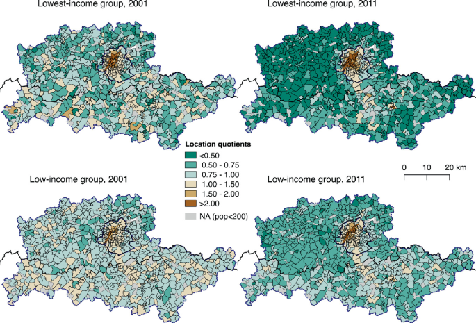 4 maps of Brussels represent the location quotients of lowest-income and low-income groups in 2001 and 2011. It can be observed that the proportion of L Q less than 0.5 increased in 2011 than 2001.