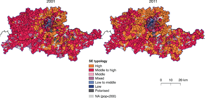 2 maps of Brussels represent the socioeconomic strata of neighborhoods in 2001 and 2011. It can be observed that the distribution of middle to high S E typology decreased in 2011 compared to 2001.