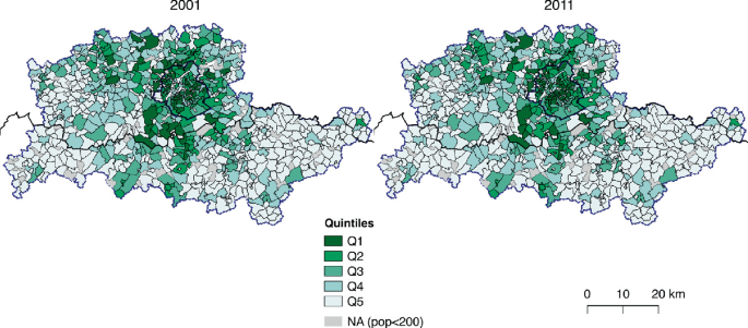 2 maps of Brussels represent the high-income earner location in 2001 and 2011. It can be observed that the distribution of quintile 2 decreased in 2011 compared to 2001.