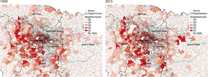 2 maps of France represents the occupational groups in 1999 and 2015. It can be observed that the distribution remains constant in both 1999 and 2015.