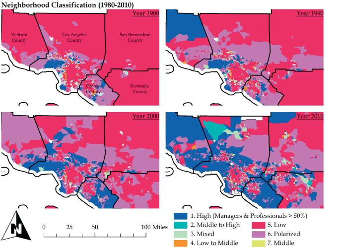 4 maps of the Los Angeles region. Los Angeles City was a high-income area in 1980, whereas the majority of its neighboring counties were low-income. From 1990 to 2010, high-income neighborhoods increased, and the majority of the city and the surrounding area belonged to the high- or polarized-income type.