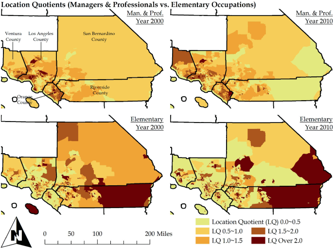 4 location quotient maps of the Los Angeles region. Managers and professionals were concentrated in Orange County and south Los Angeles County in 2000, but by 2010, they had also spread to north Ventura County. East Riverside County had more elementary occupations in 2000, and by 2010, they had also spread to southeast San Bernardino County.