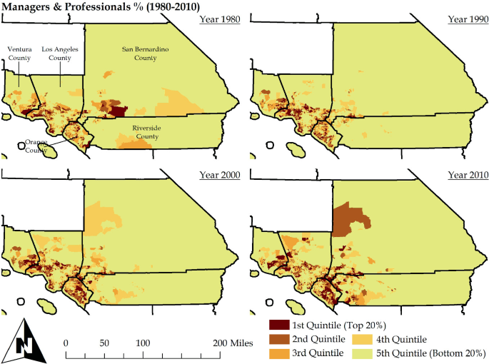 4 maps of the Los Angeles region. Managers and professionals were primarily concentrated in Orange County, south Los Angeles County, southeast Ventura County, and southwest San Bernardino County in 1980, 1990, and 2000, but by 2010, they had also spread to west San Bernardino County.