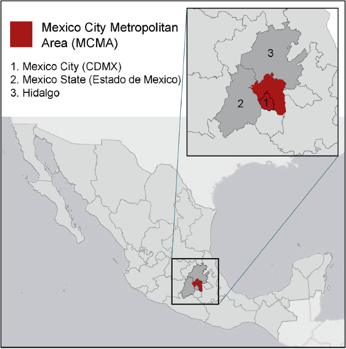 A map of Mexico depicts the Mexico City metropolitan area in the central region, east of Mexico State.