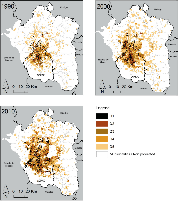 3 maps of the Mexico City metropolitan area depict the location of the highest educational group. The top quintile Q1 was primarily concentrated in the north and northwest in 1990, 2000, and 2010.