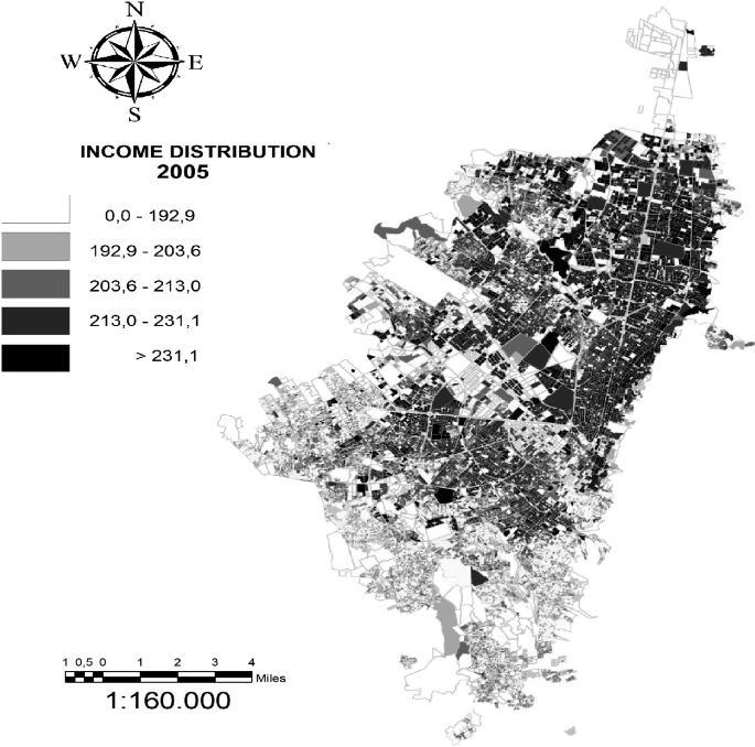 A map of Bogota traces the income distribution in 2005 over different locations in different colors and measures 4 miles.