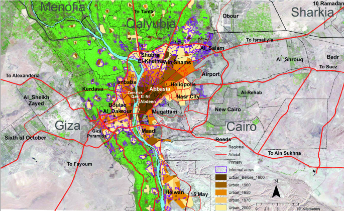 A map of Greater Cairo depicts the urban evolution from before 1900 to 2000. The central region's urban areas extend to the south, east of Giza, and south of Qalyubia.