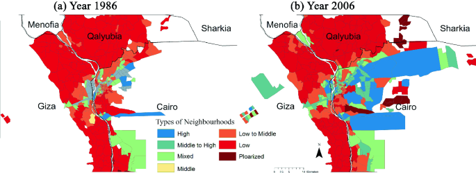 Two maps of the greater Cairo. In both 1986 and 2006, the high-income groups were concentrated in the center and the east, while the low-income groups were concentrated in the west.