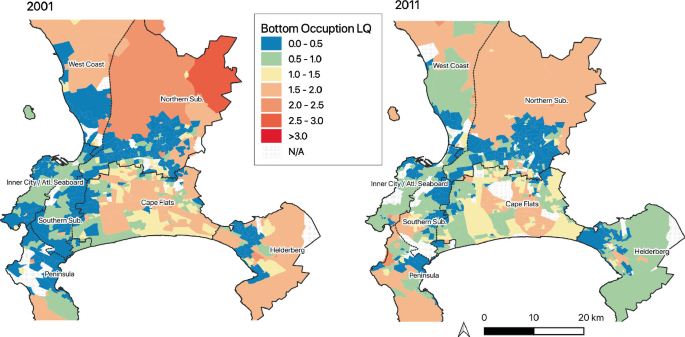Two maps of Cape Town trace the location quotient of different bottom occupations L Q s in 2001 and 2011, in a gradient of colors, are indicated up to 3.0 and greater than 3.0.