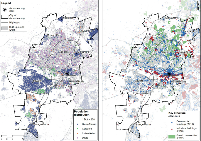 2 maps of Johannesburg city represent the population distribution and key structural elements with black Africans distributed majorly.