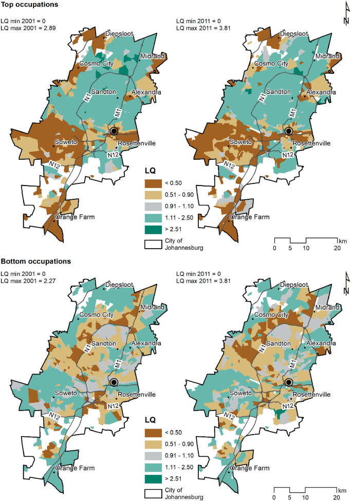 4 maps of Johannesburg represent the distributions of top and bottom occupations. It observed that there is a decrease of location quotient less than 0.50 for both occupation groups.