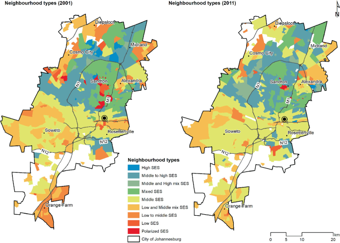2 maps of the distribution of neighborhood types in Johannesburg for the years 2001 and 2011. It observed that the distribution of polarized S E S groups decreases in 2011 compared to 2001.