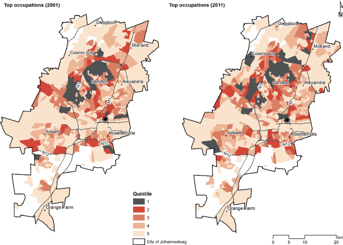 2 maps of the distribution of socio-economic groups in Johannesburg for the years 2001 and 2011. It can be observed that the distribution of quantile 1 increased in 2011 compared to 2001.