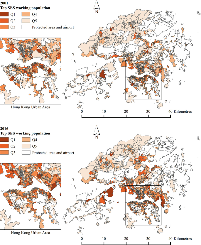 2 maps of Hong Kong represents the spatial distribution of residents between 2001 and 2016. The legends include, Q 1, Q 2, Q 3, Q 4, and Q 5. It can be observed that the proportion of Q 1 increased in 2016 compared to that in 2001.