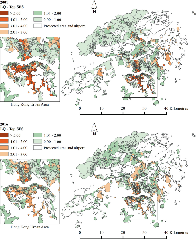 2 maps of Hong Kong represents the distribution of L Q maps between 2001 and 2016. Hong Kong urban area is given inset in both the maps. It can be observed that the proportion of L Q between 1.01 and 2.00 increased in 2016 compared to 2001.