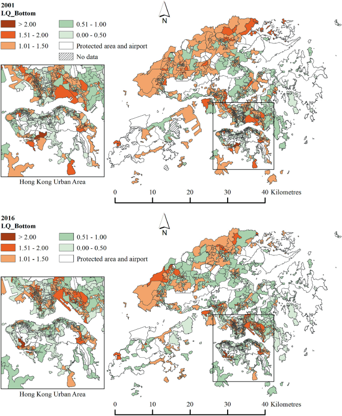 2 maps of Hong Kong represents the distribution of L Q maps between 2001 and 2016. Hong Kong urban area is given inset in both the maps. It can be observed that the proportion of L Q between 0.51 and 1 increased in 2016 compared to 2001.