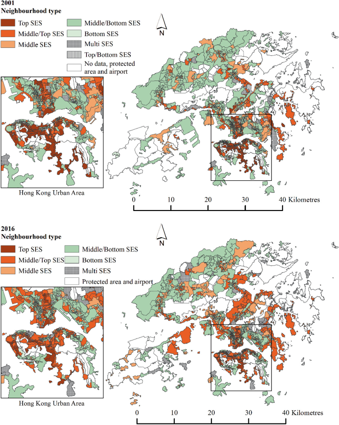 2 maps of Hong Kong represents the distribution of neighborhoods between 2001 and 2016. Hong Kong urban area is given inset in both the maps. It can be observed that the proportion of top S E S decreased in 2016 compared to 2001.