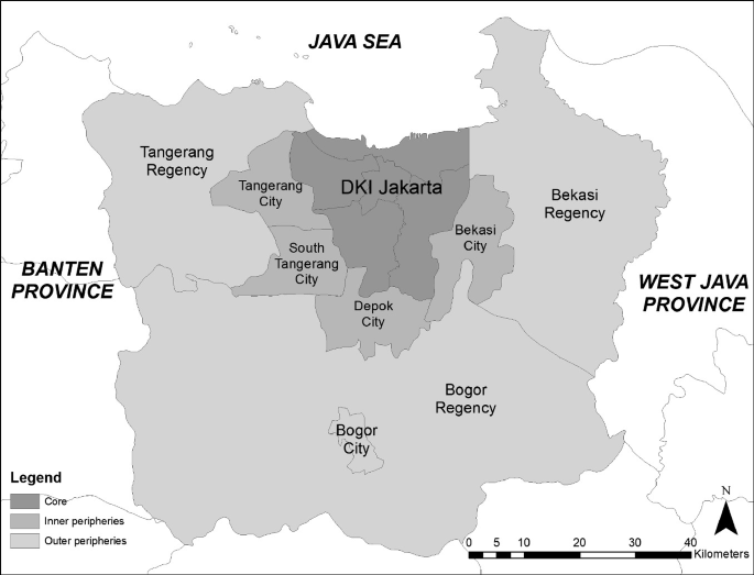 A map of Jakarta depicts the core D K I Jakarta region in the north. The core region is surrounded by inner and outer peripheries.