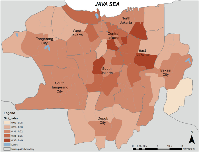 A map of the metropolitan region of Jakarta. Central, north, east, and south Jakarta City contain the five districts with the highest Gini index values, which range from 0.36 to 0.40.