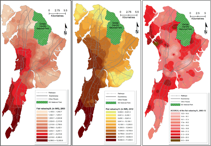 3 maps of Mumbai. The flat value was highest along the western and southern regions in 2003 and 2012, and the A C G R percent was highest in the northwest and some areas of the south between 2003 and 2012.