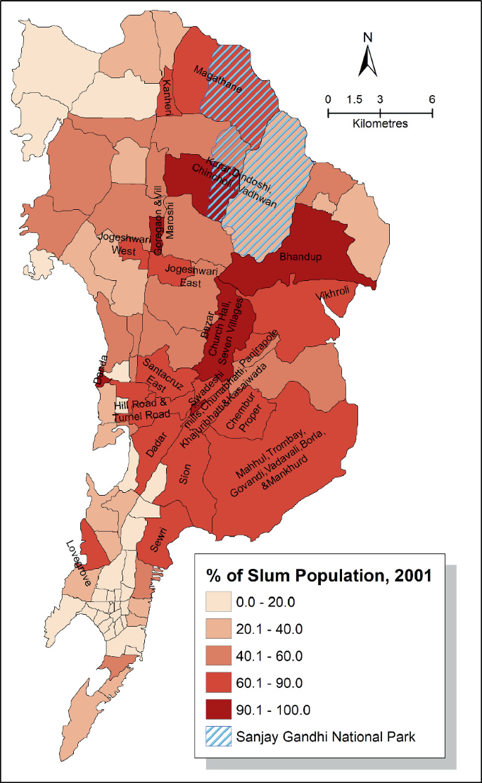 A map of Mumbai. In 2001, the eastern suburb had the highest percentage of the slum population.
