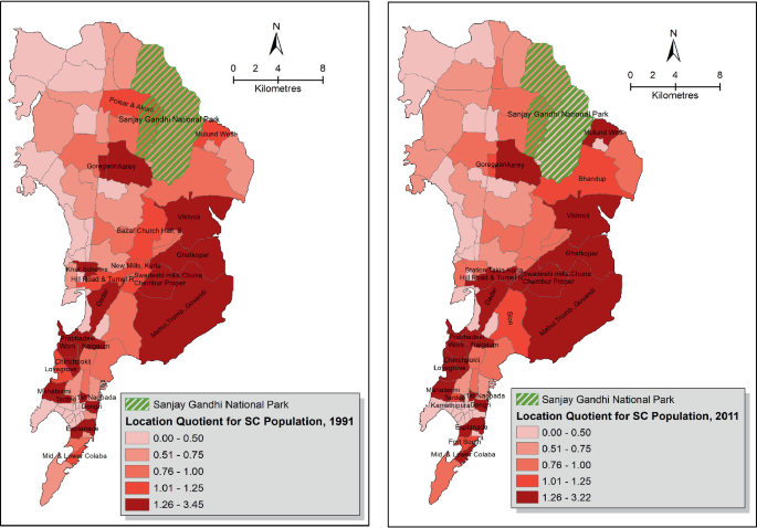 2 location quotient maps of Mumbai. The scheduled caste population was concentrated in the eastern suburb in both 1991 and 2011.