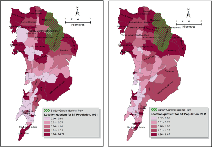 2 location quotient maps of Mumbai. In 1991, the scheduled tribes' population was concentrated in the north and a portion of the eastern suburb. In 2011, it was concentrated in the north.