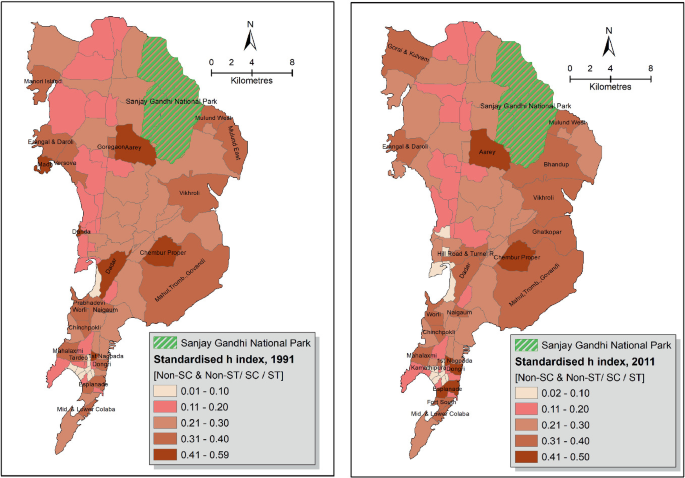 2 maps of Mumbai. In both 1991 and 2011, Mumbai's eastern suburb and northern region had the highest entropy indices.