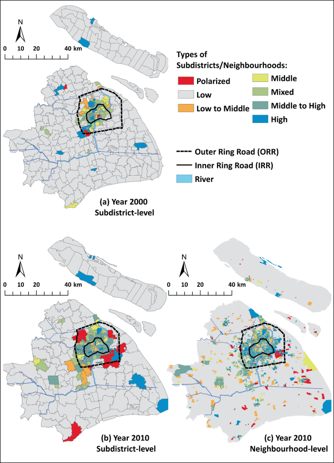 3 maps of Shanghai. Within the outer ring road, low, middle, and mixed-income subdistricts made up the majority in 2000. In 2010, the same pattern persisted, but with an increase in polarized type. In 2010, higher-income neighborhoods made up the majority of those located inside the outer ring road.
