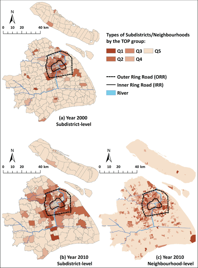 3 maps of Shanghai. The top occupational group was concentrated within the outer ring road at the subdistrict level in 2000, but by 2010 it had spread outside of it. At the neighborhood level in 2010, the outer ring road and a portion of the southeast had the highest concentration.