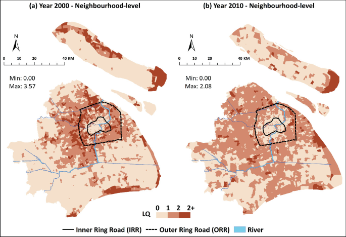 2 location quotient maps of Shanghai. At the neighborhood level, the majority of migrants were concentrated along the outer ring road in 2000, and by 2010, they had spread outside of it.