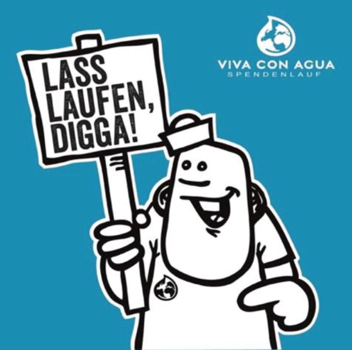 An image of a sticker used by Viva con Agua for a donation run. It depicts a cartoon drawing of a man holding up a sign written in a foreign language.