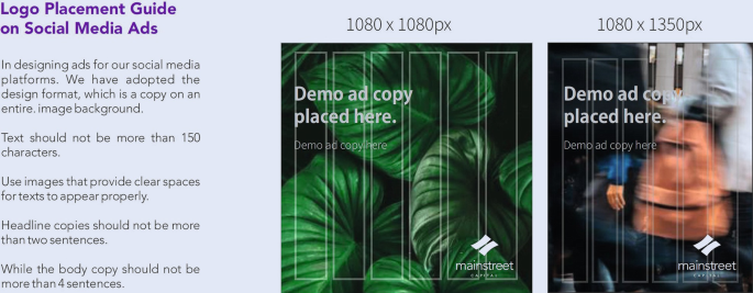 A block contains the guidelines for logo placement in social media ads at the left. 2 demo posters with different dimensions are at the right. The logo of the Mainstreet capital is at the bottom right corner of the posters.