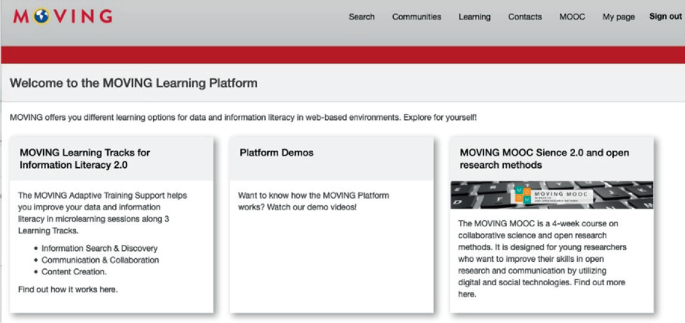 An interface reads welcome to the moving learning platform. It displays three blocks for moving learning tracks, platform demos, and moving Mooc science and open result methods.