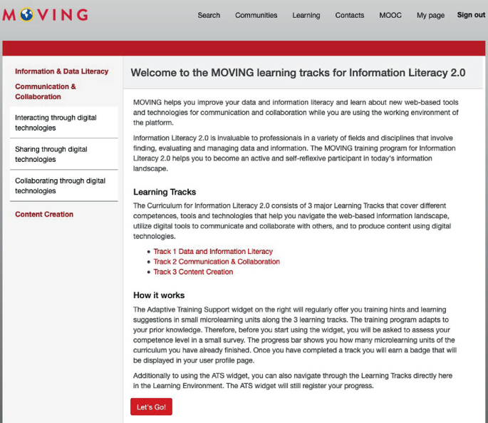 A welcome page of the moving platform depicts search, communities, learning, contacts, Mooc, my page, and the sign-out option on the top. It displays several other options on the left.
