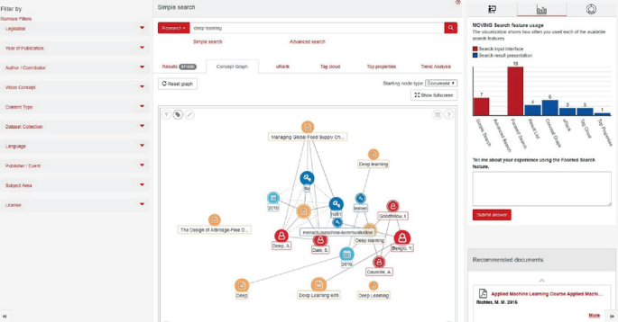 An interface of the Moving platform depicts the filter options on the left, search results in the form of a tree diagram in the middle, and training functionalities on the right side of the page.