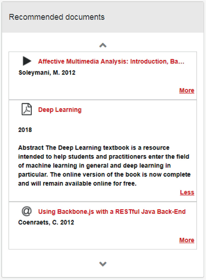 An interface depicts the list of recommended documents. It displays the result for an audio file, a pdf file, and a javascript file.