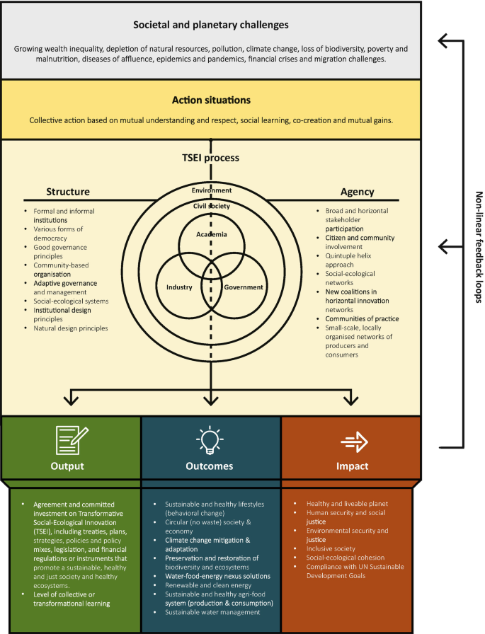 An illustration of a conceptual framework for transformative social-ecological innovation. The circular chart consists of enrichment and civil society with a Venn diagram of academia, government, and industry, leading to output, outcomes, and impact.