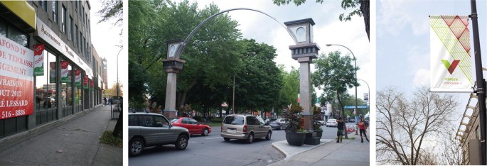 Three pictures of a sidewalk in front of a building, cars driving through an arc, and a flag tied to a post on the streets of Little Italy.