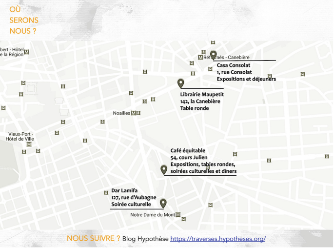 A map highlights the four venues with text written in a foreign language.