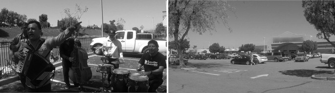 A collage of two grayscale photos. The left has a band. A man in front plays the accordion. He points his finger to the right. The right has a side view of a parking lot.