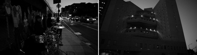 A collage of two photos taken at night. The left has a side view of a band playing on a sidewalk. The right has a front view of the detention center building.