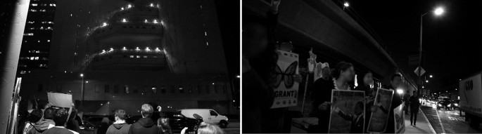 A collage of two photos taken at night. The left has a front view of the detention center building. A crowd of people has gathered in front. The right has a group of people holding banners.