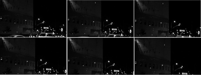 A collage of six photos of the detention center building taken at night from a distance. There are street lights and cars passing by. Few photos have a ray of light coming from a window in the center. The others don't.