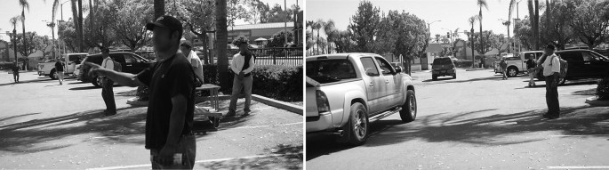 A collage of two grayscale photos taken of bystanders on a road. The bystanders point their fingers at the passing vehicles. Their faces are blurred.