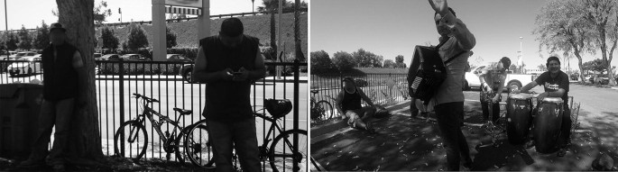 A collage of two grayscale photos taken of people near the fence. The left one has a man looking at his phone. Cycles are parked behind him. The right has a group of men dancing and playing instruments.