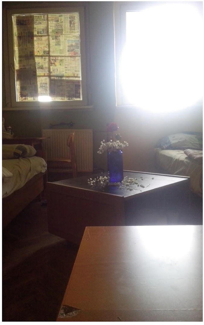 An inside view of a room. A bottle is decorated with flowers on the center coffee table. There are two beds on the left and right sides of the table. The window on the left is covered with newspapers.