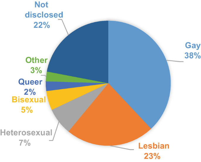 A pie chart with the values in percentage. Gay, 38. Lesbian, 23. Not disclosed, 22. Heterosexual, 7. Bisexual, 5. Others, 3. Queer, 2.